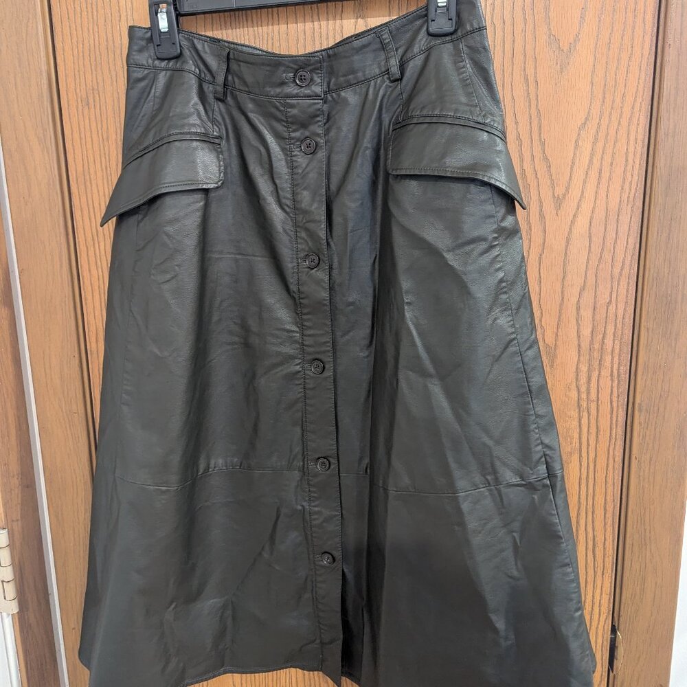 Banana Republic Faux Leather Lined‎ Midi Skirt Buttons Pockets Brown/Olive-4